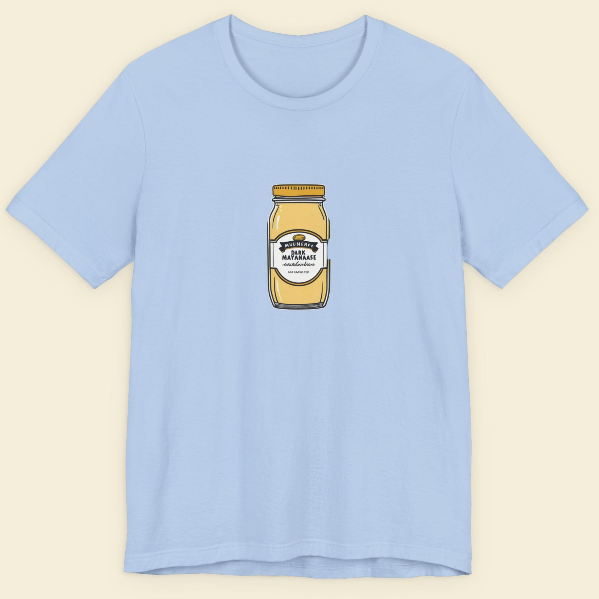 Light blue t-shirt with a drawing of a jar Swedish Mayonnaise on a beige background.