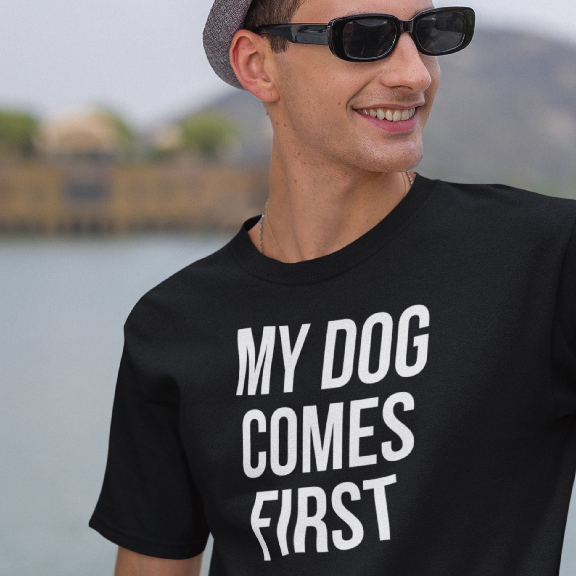 My dog comes first text t-shirt black minimalist design model