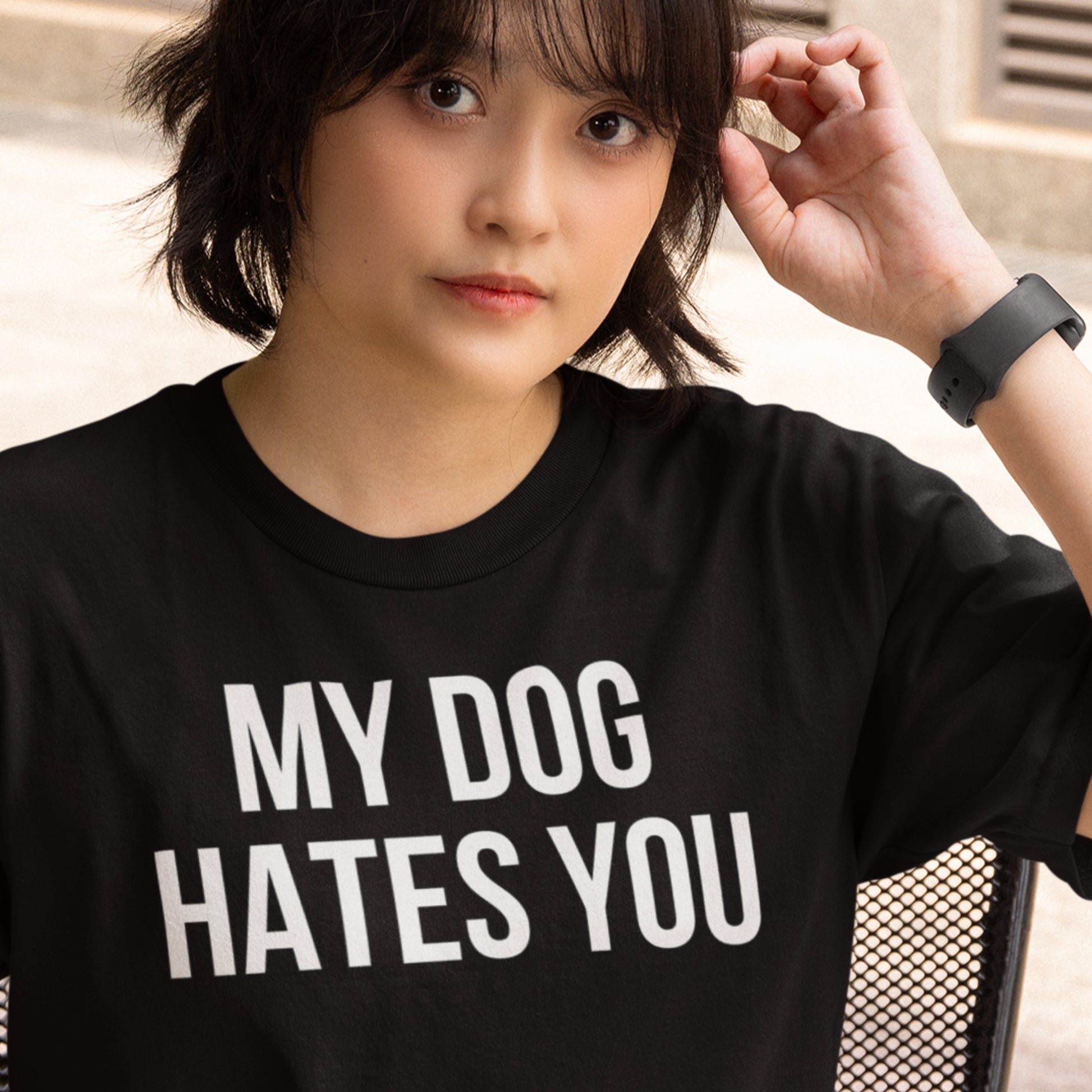 My dog hates you funny dog lover t-shirt black minimalist text design model