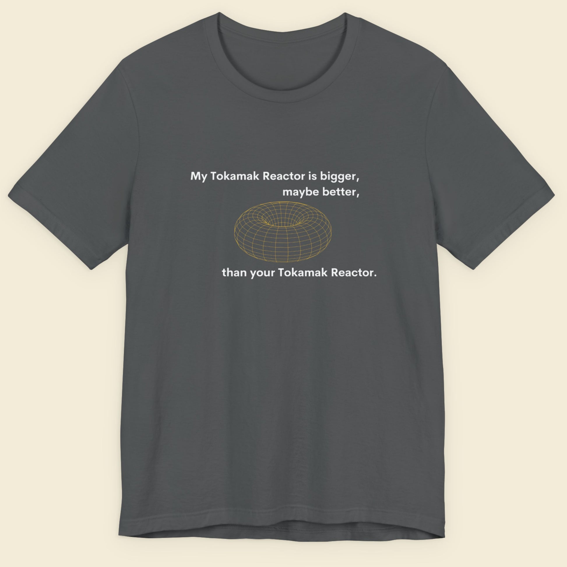 Gray t-shirt with text and graphic design on a beige background.