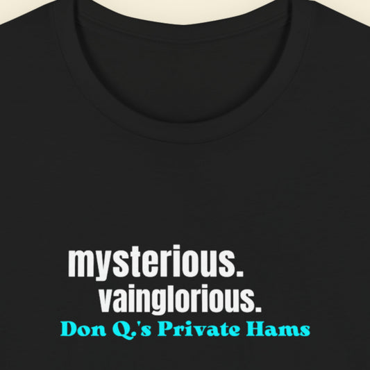 Black t-shirt with humorous colorful text on a beige background.