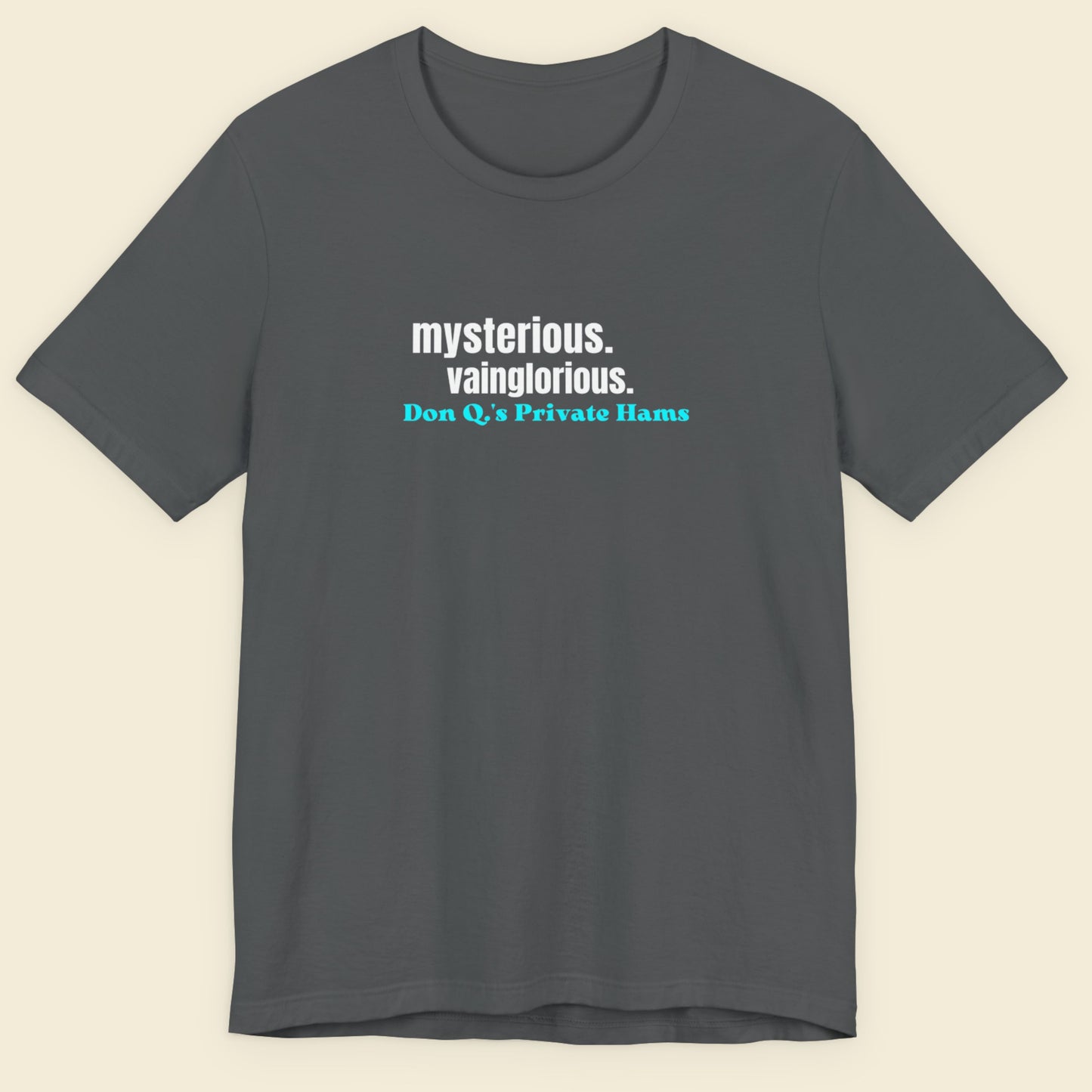 Gray t-shirt with humorous text design on a beige background.