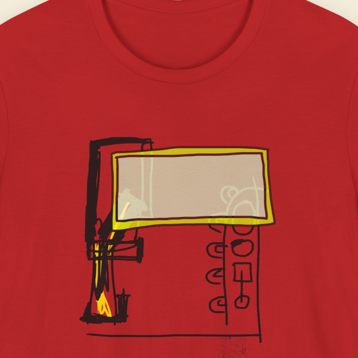 Red t-shirt with a graphic design of a chalkboard and blackboard on a plain background.