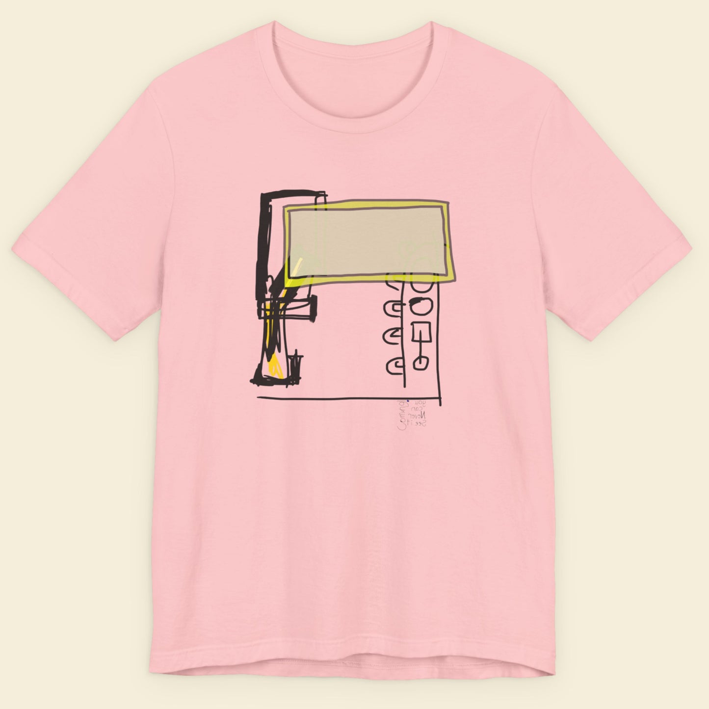 Pink t-shirt with graphic design on a beige background.