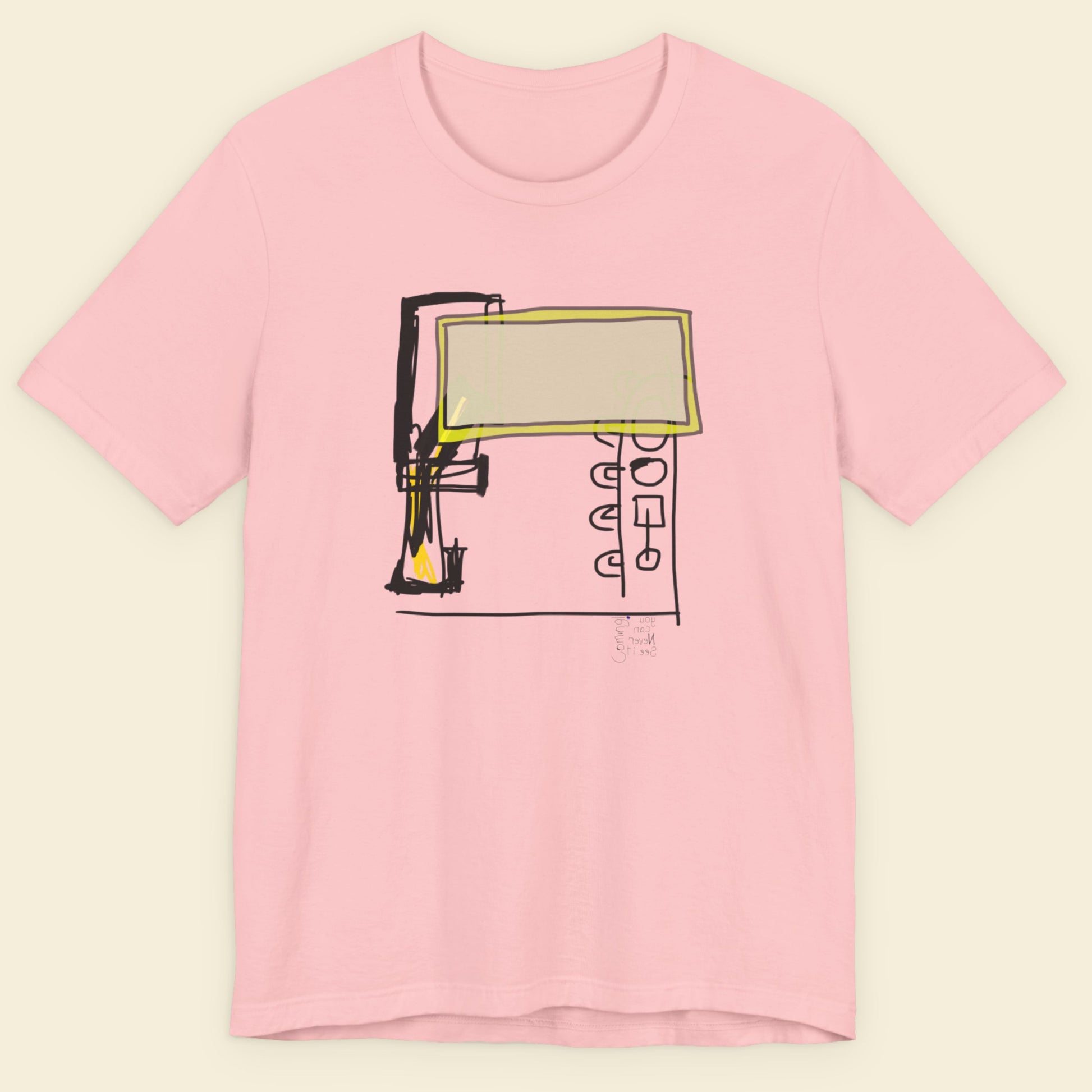 Pink t-shirt with graphic design on a beige background.