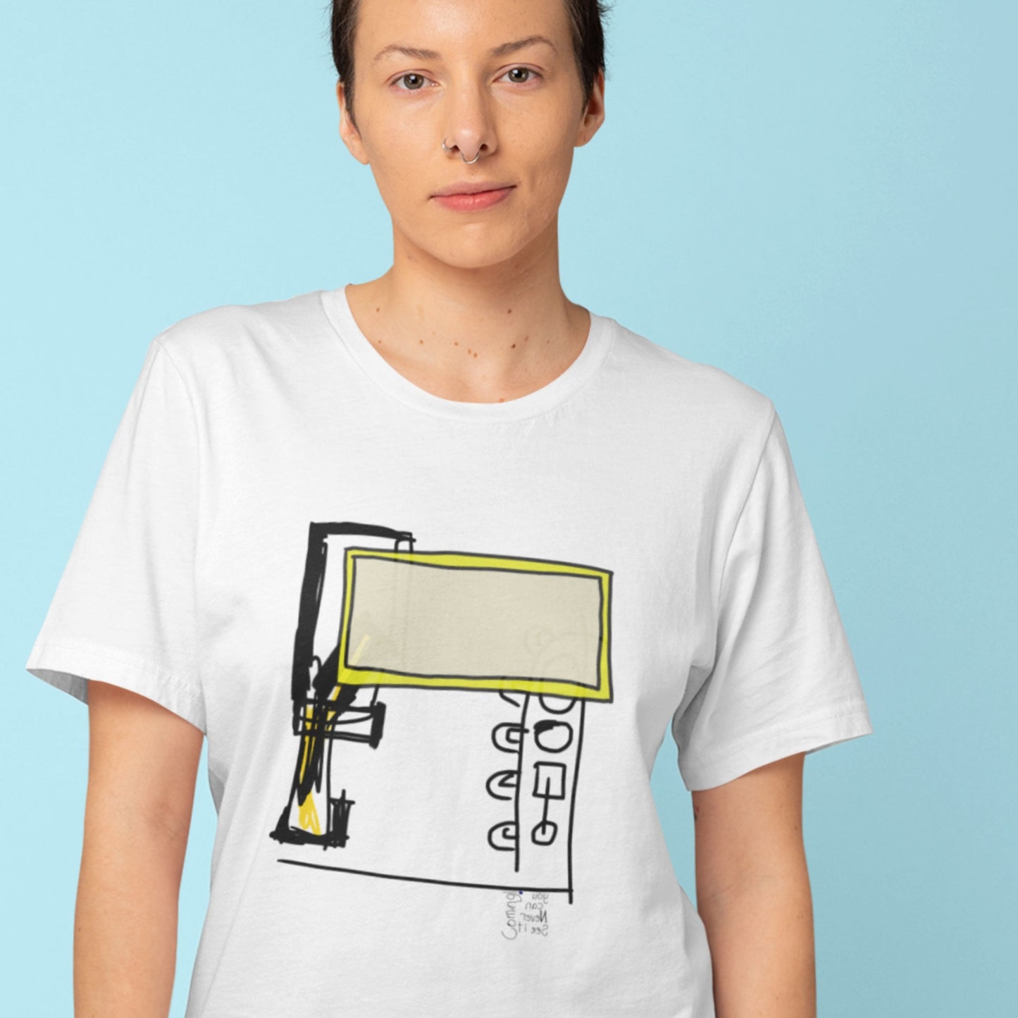 Person wearing a white t-shirt with a graphic design on a light blue background.