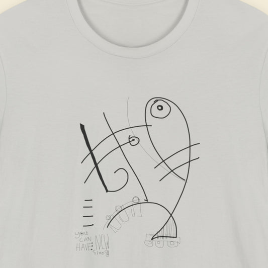 Abstract black line art on a light gray t-shirt with text underneath.