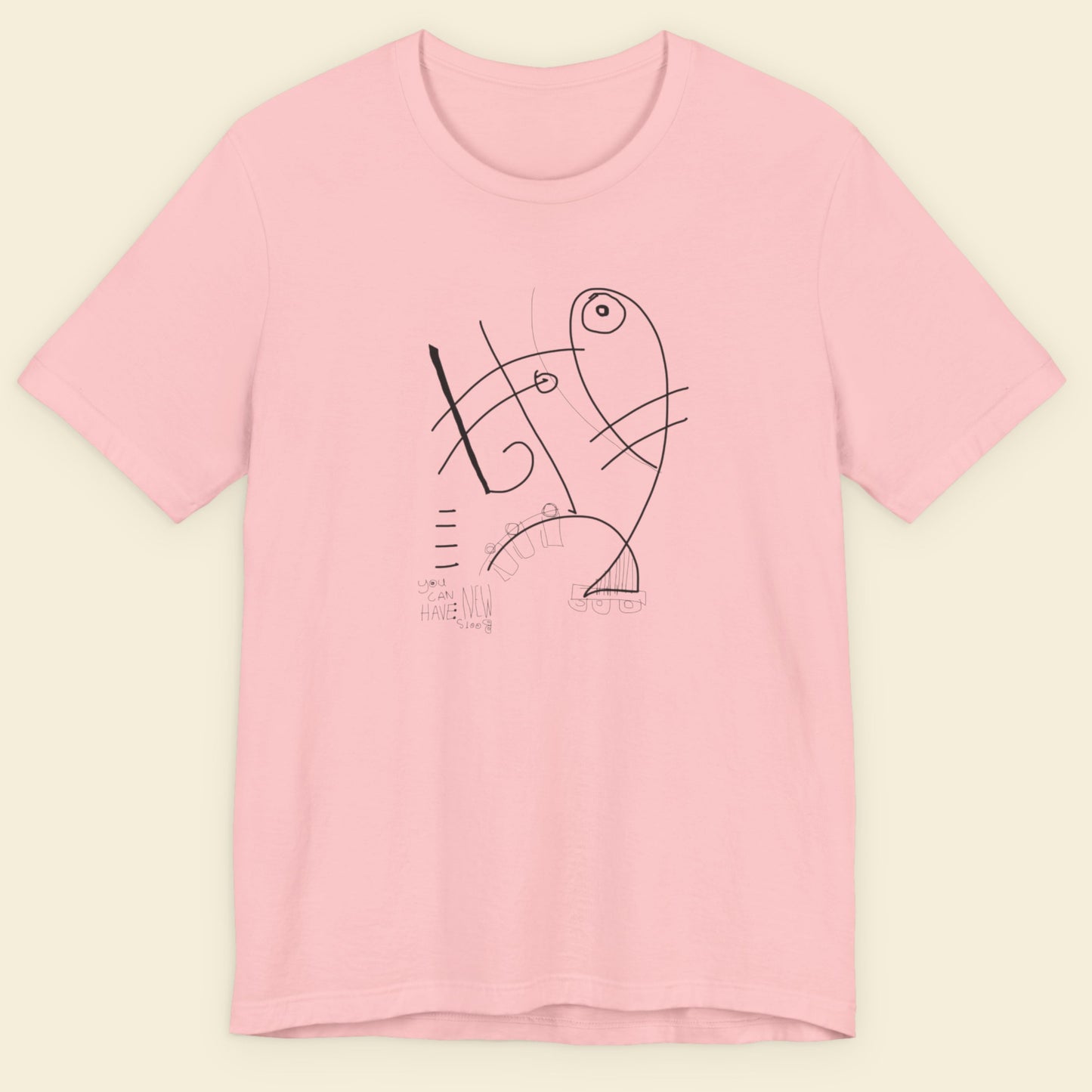 Pink t-shirt with abstract black design on a light beige background.