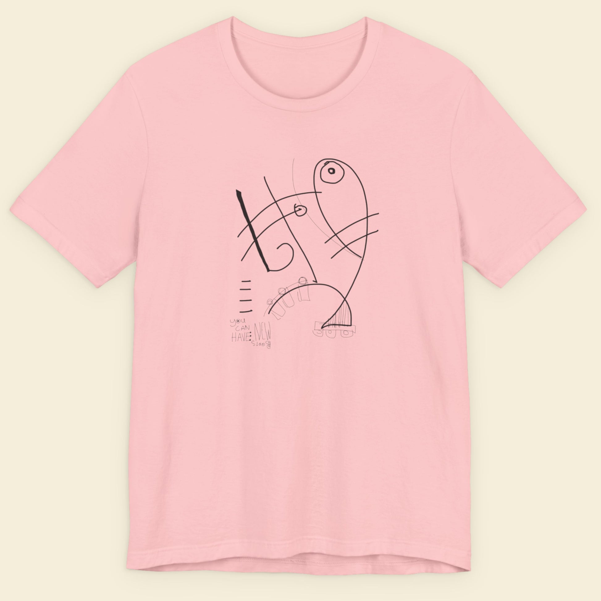 Pink t-shirt with abstract black design on a light beige background.