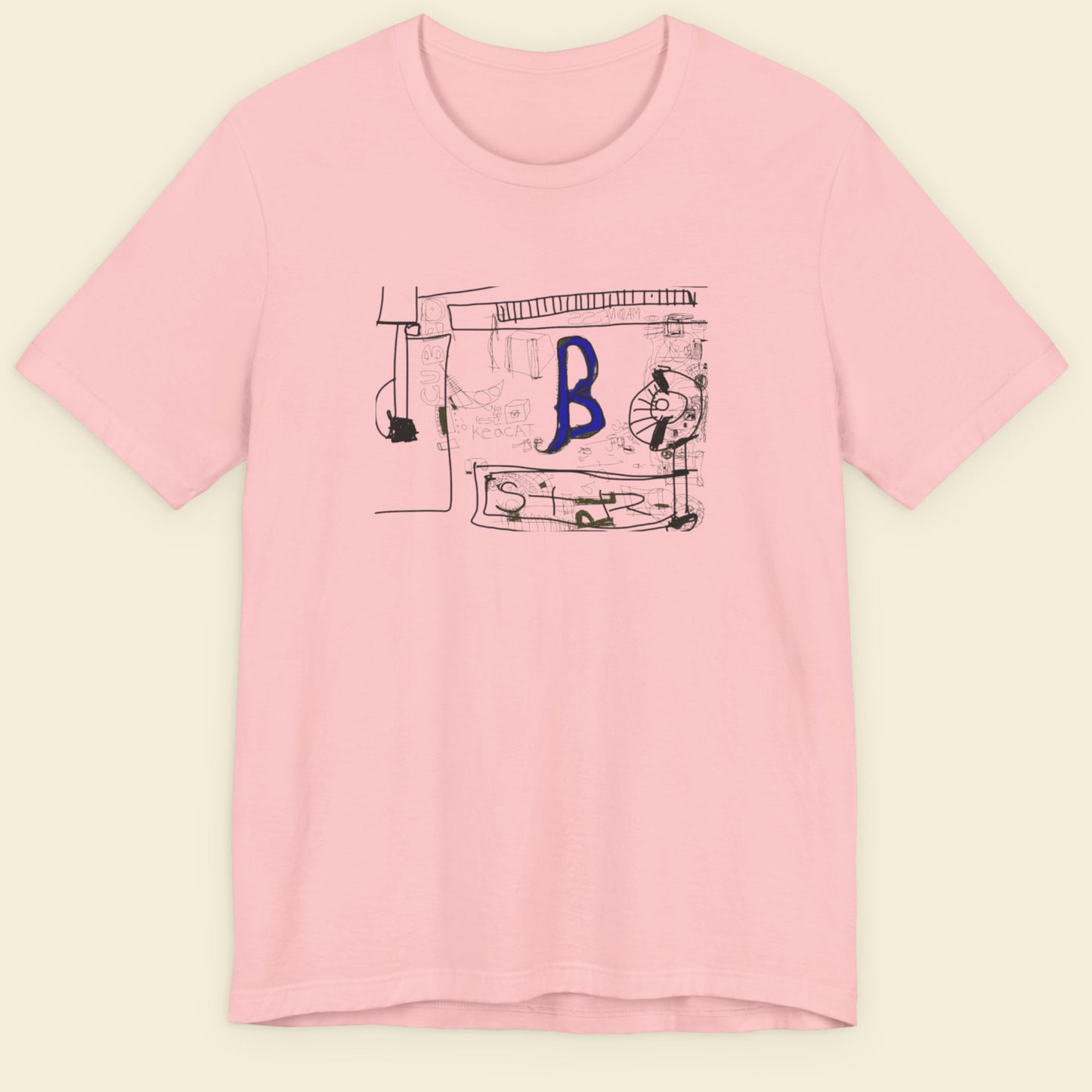 Pink t-shirt with a graphic design on a beige background.
