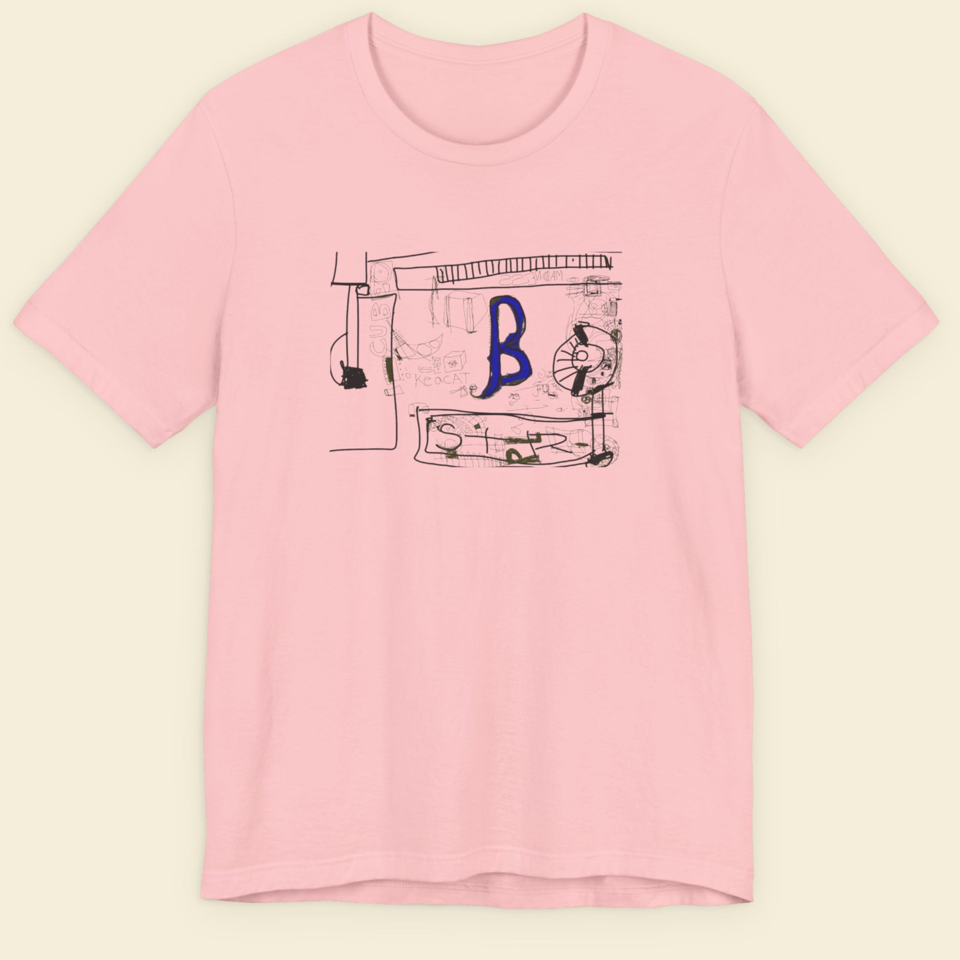 Pink t-shirt with a graphic design on a beige background.
