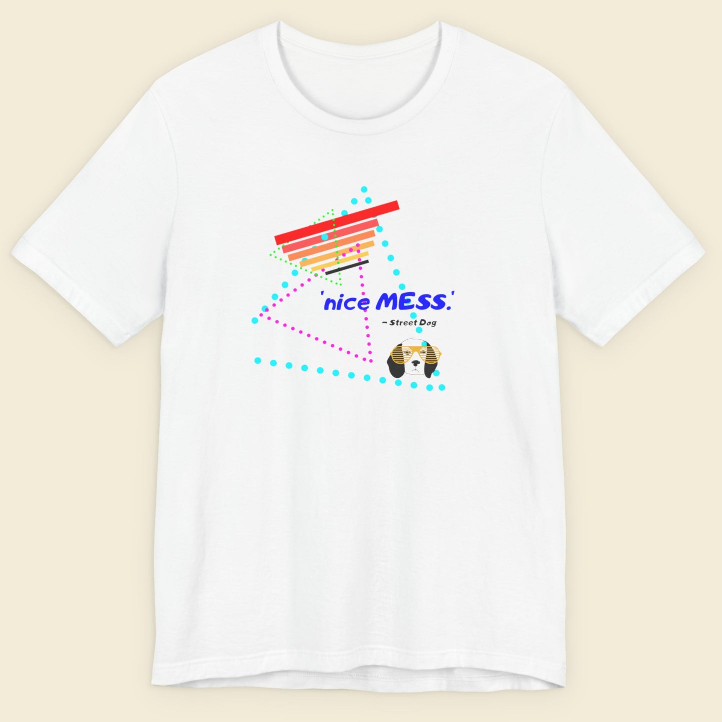 White t-shirt with colorful graphic design on a beige background.