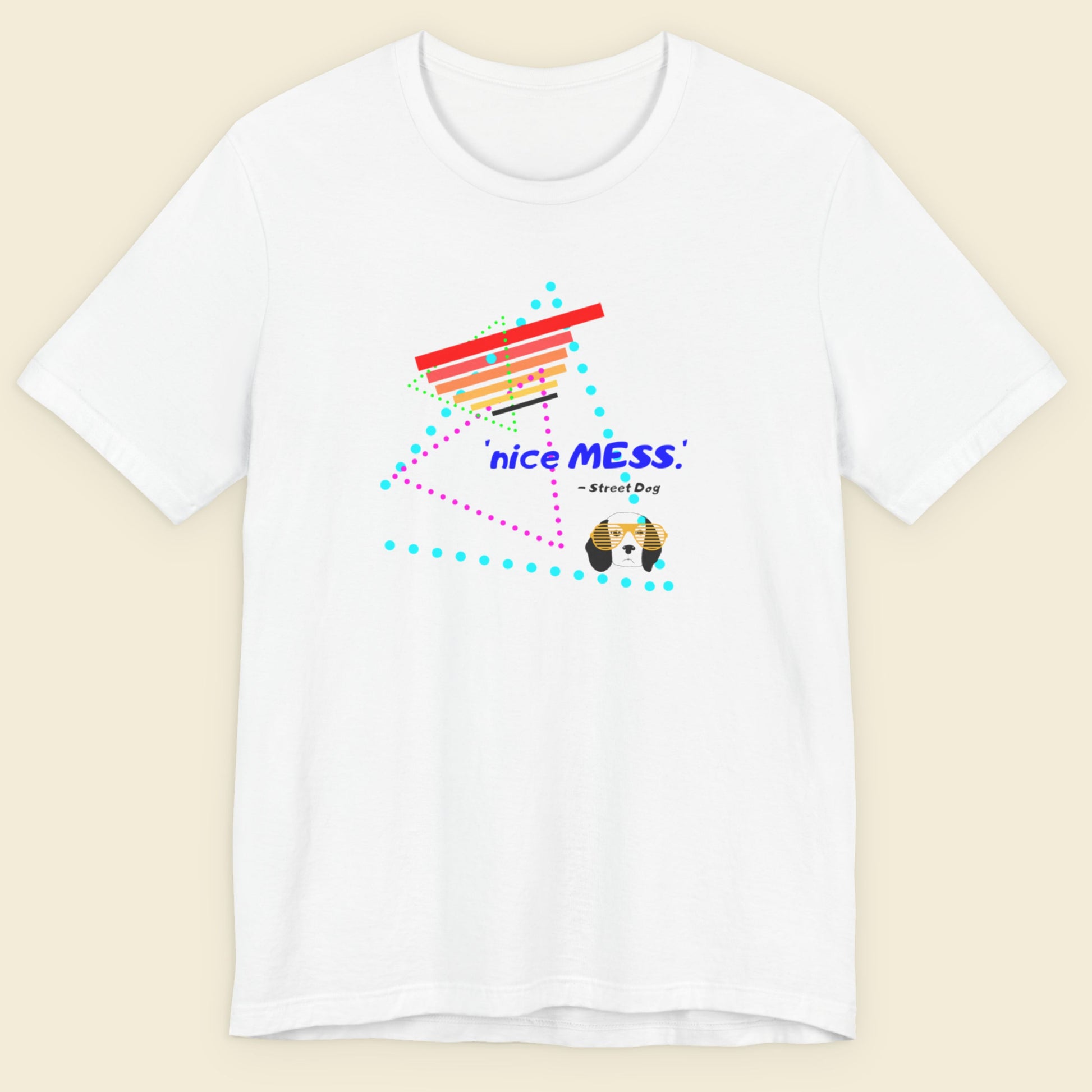 White t-shirt with colorful graphic design on a beige background.