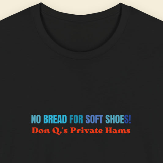 Black t-shirt with multicolored nonsensical text on a beige background.
