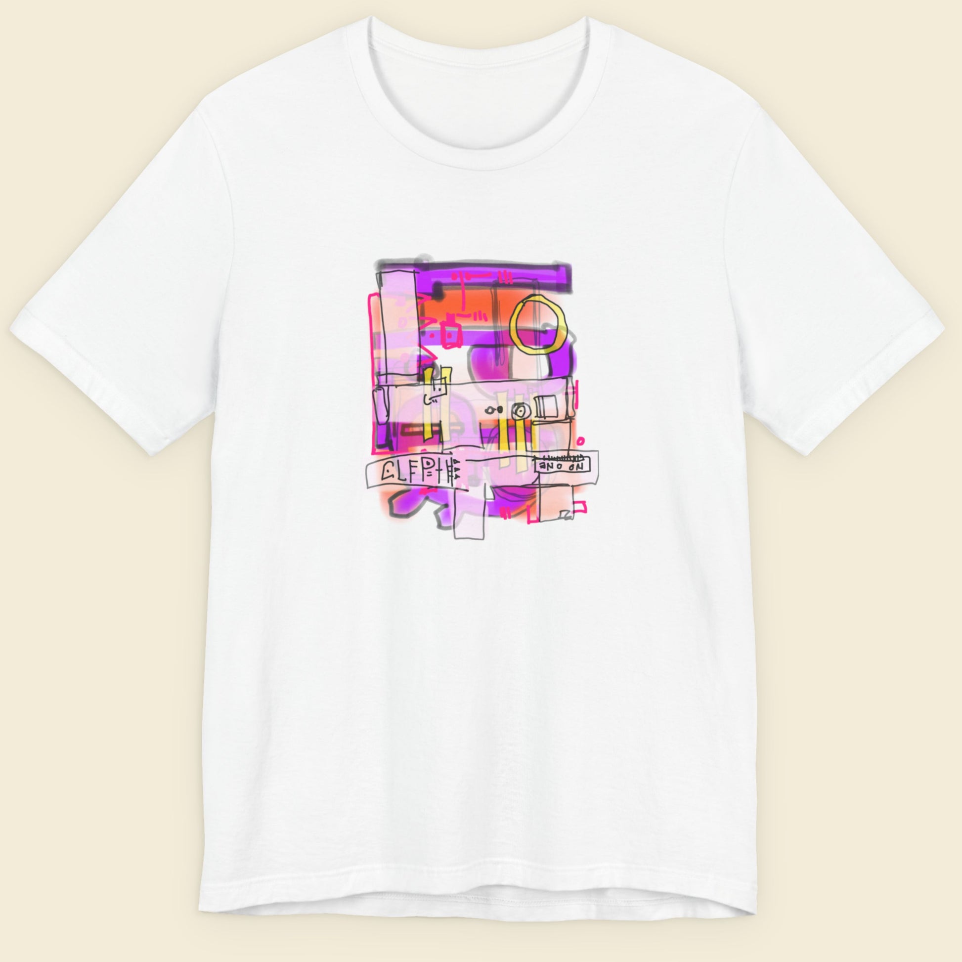 White t-shirt with a colorful abstract drawing on a beige background.