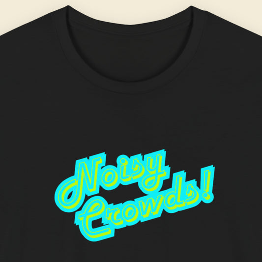 Black t-shirt with humorous colorful text on a beige background.