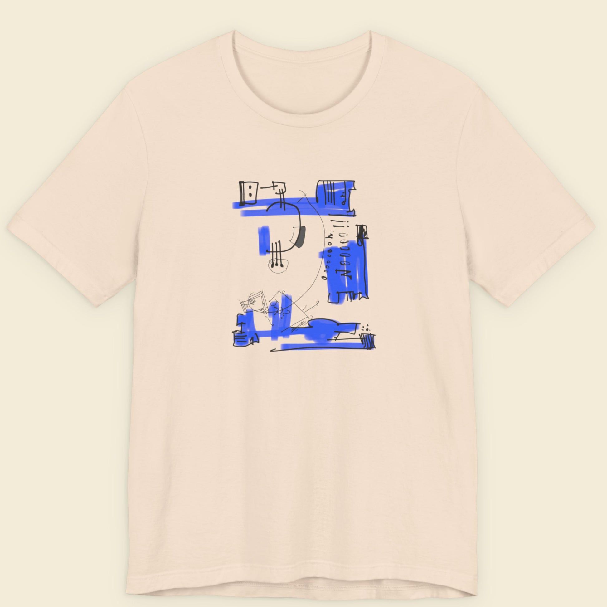 Beige t-shirt with a colorful abstract drawing on a beige background.