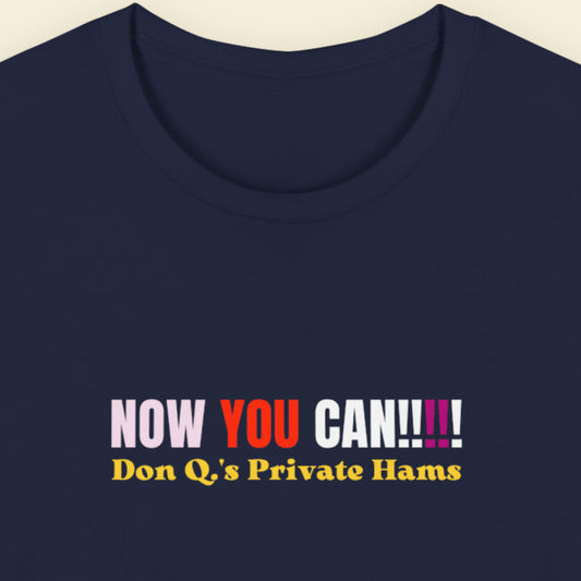 Navy blue t-shirt with humorous colorful text on a beige background.