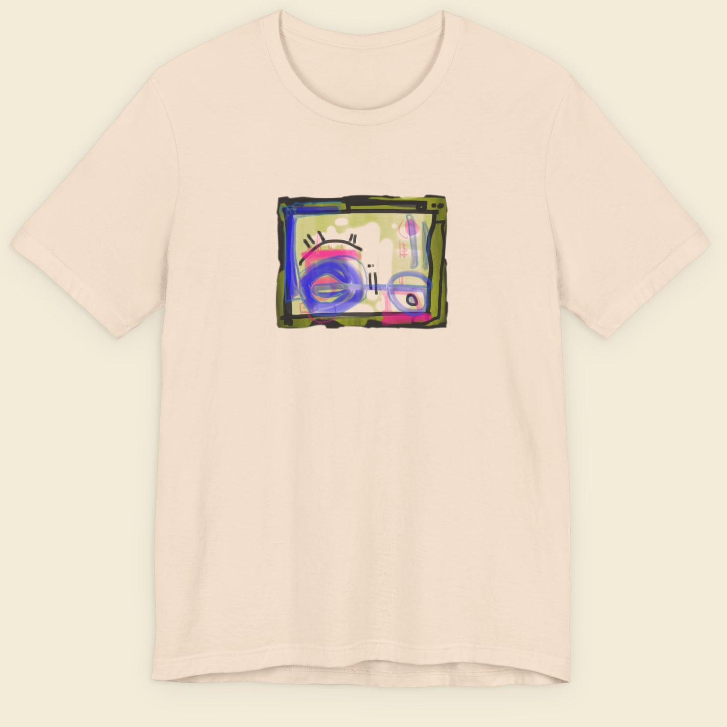 Beige t-shirt with a colorful abstract drawing on a beige background.