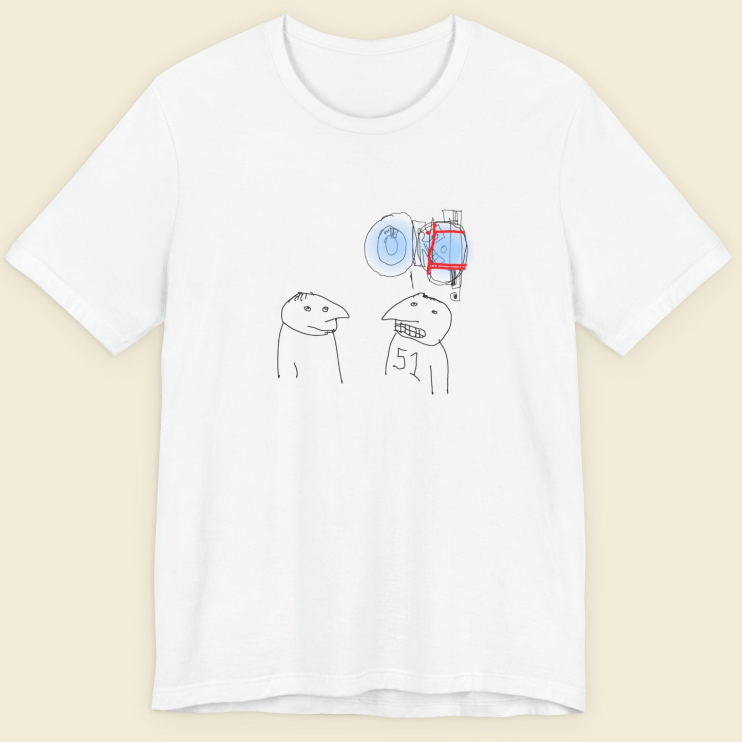 White t-shirt with a colorful abstract drawing on a beige background.