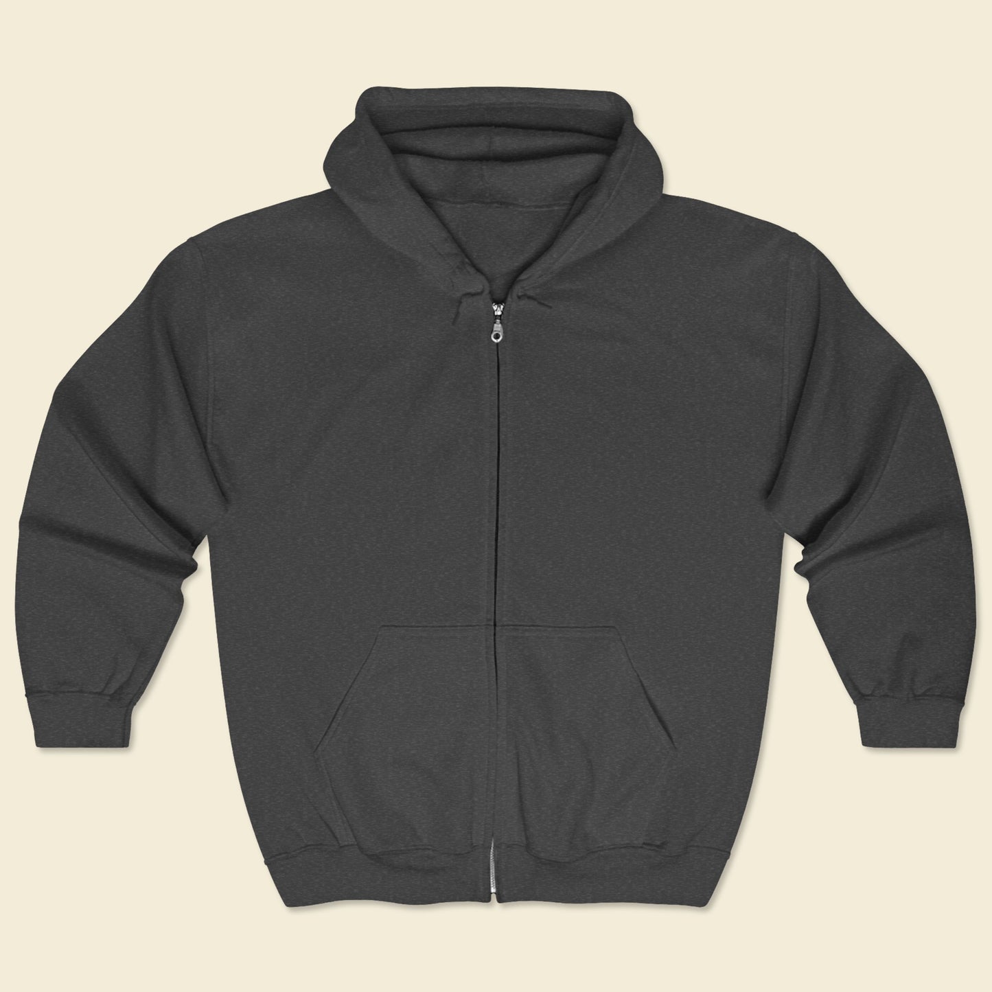 Dark gray hoodie with a zipper on a beige background.