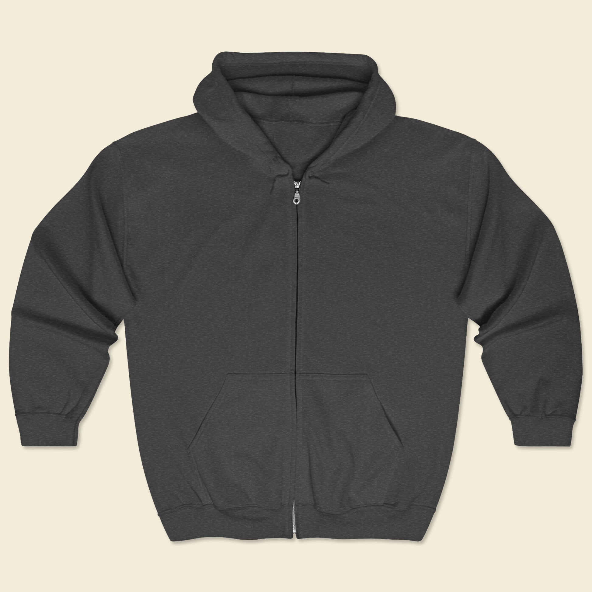 Dark gray hoodie with a zipper on a beige background.