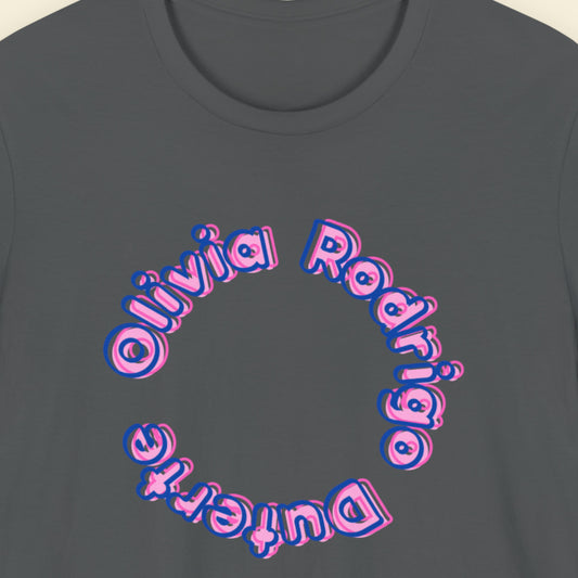 Grey t-shirt with multicolored 'Olivia Rodrigo Duterte' text on a beige background.