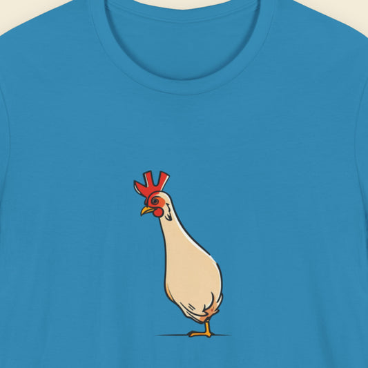 Blue t-shirt with an illustration of a skinny chicken on a beige background.