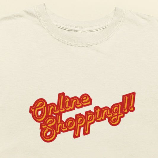 Beige t-shirt with red and orange 'Online Shopping!!' text on a beige background