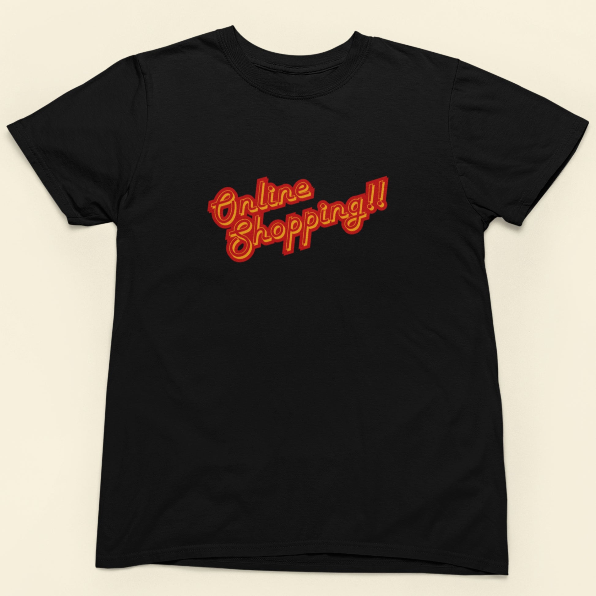 Black t-shirt with red 'Online Shopping!!' text on a beige background