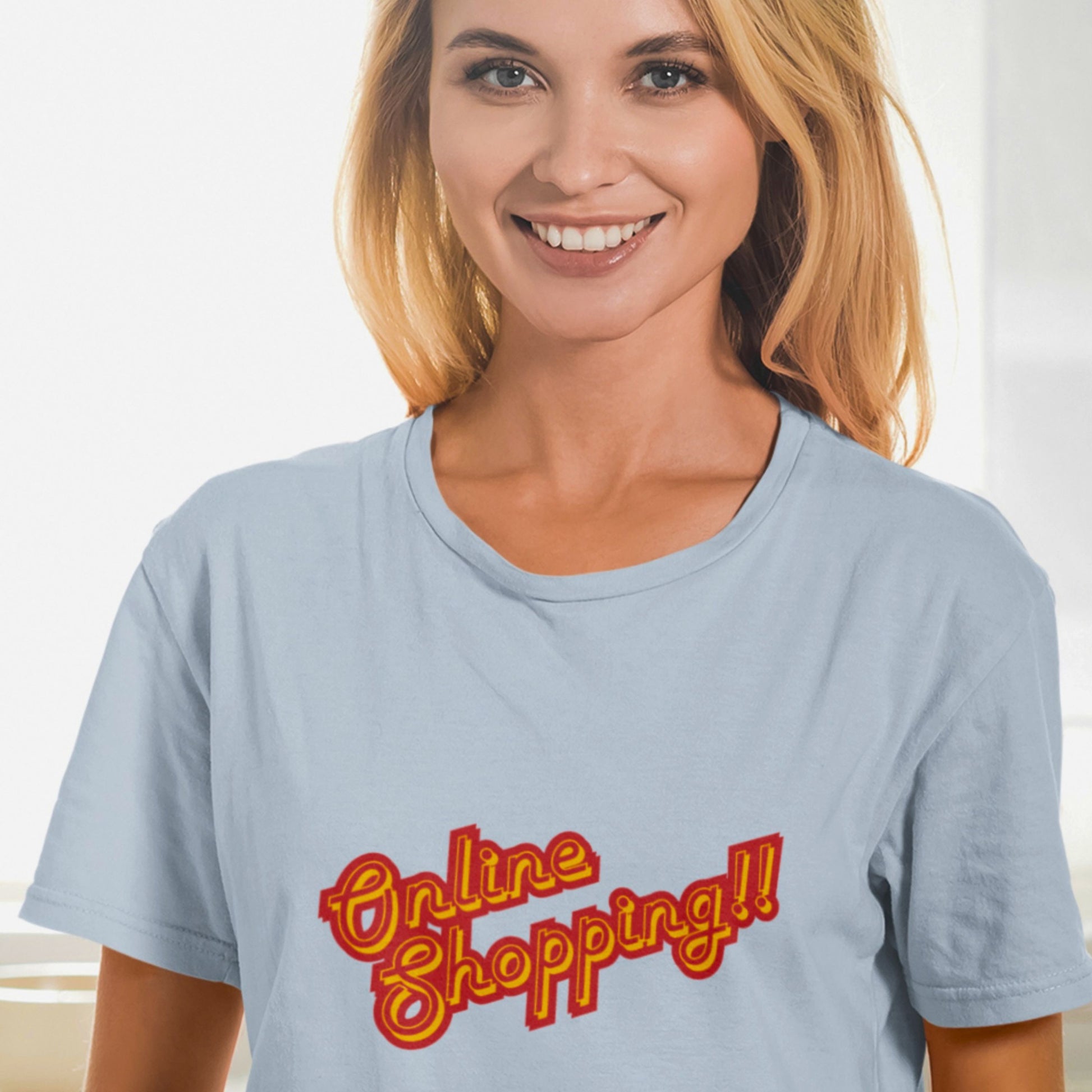 Woman wearing a light blue t-shirt with 'Online Shopping!!' text in red.