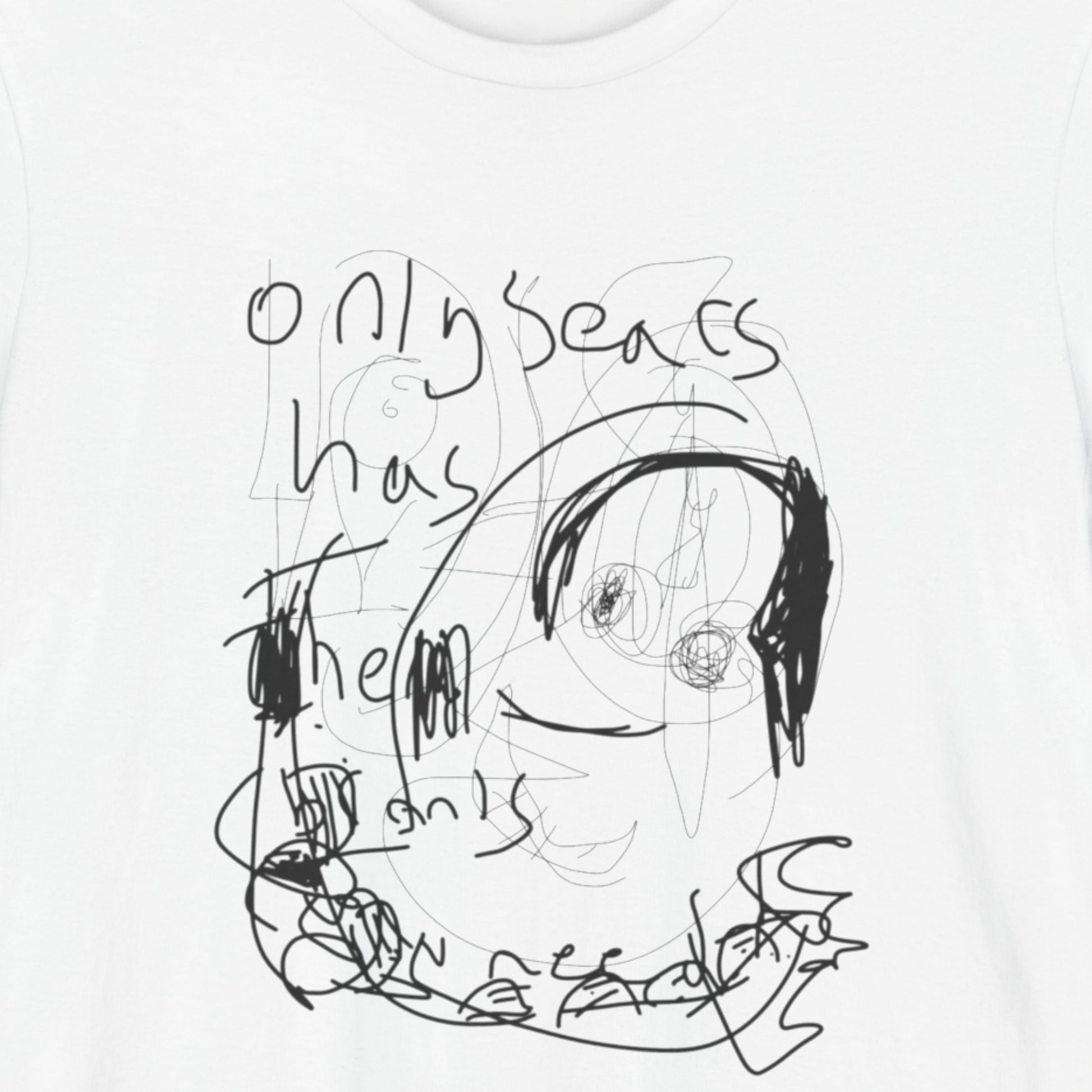 White t-shirt with an abstract line drawing.