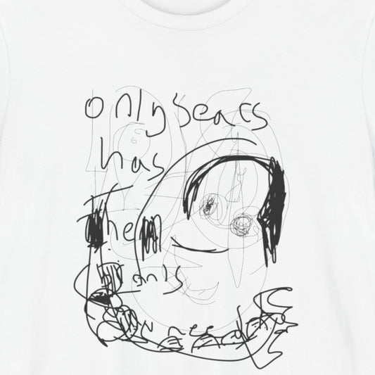 White t-shirt with an abstract line drawing.
