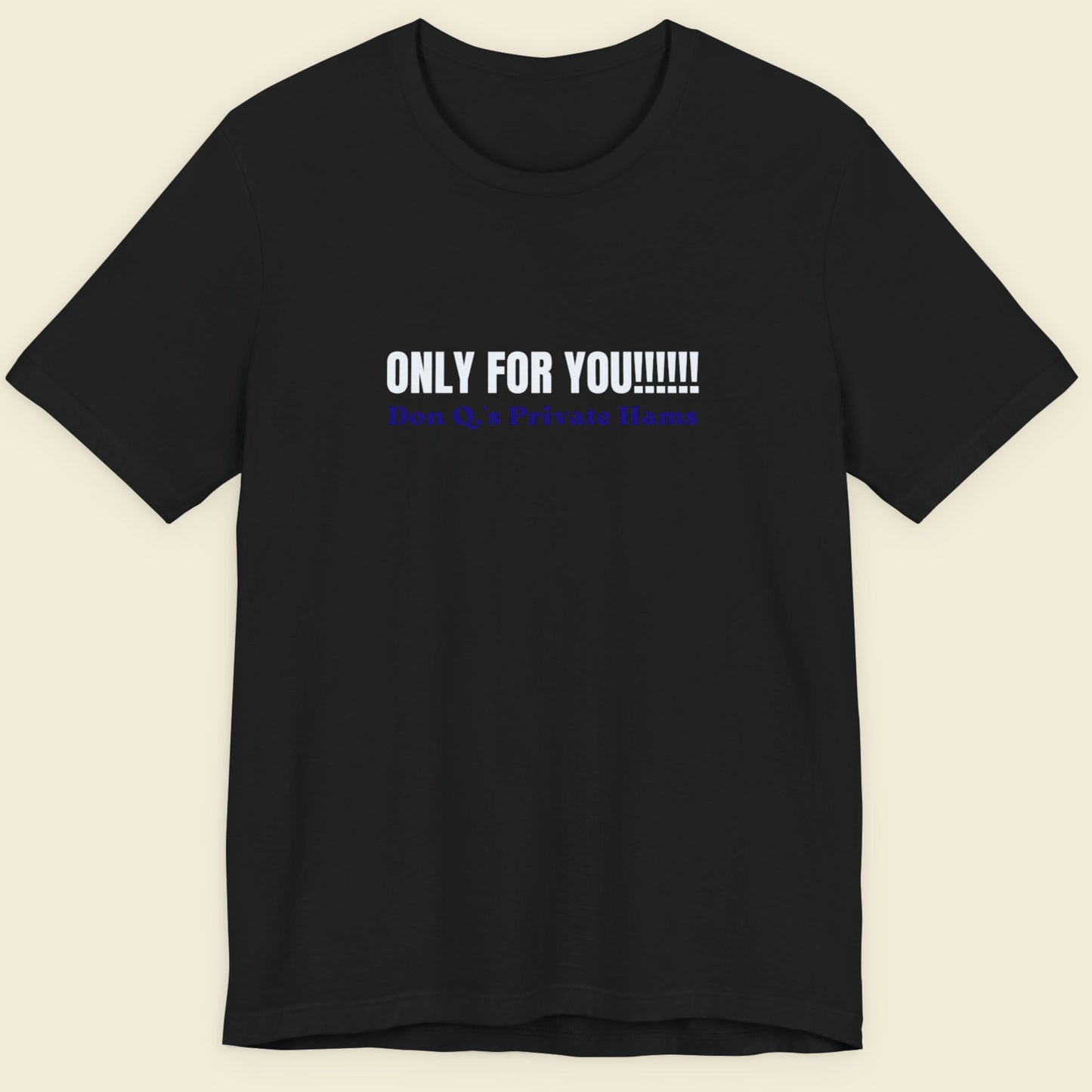Black t-shirt with nonsensical text on a beige background.