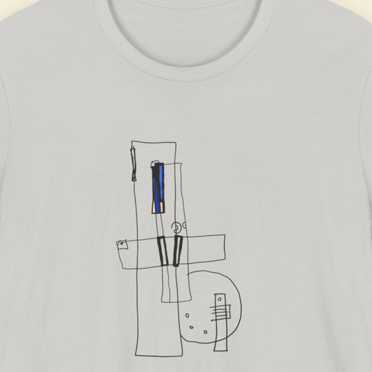 Light grey t-shirt with an abstract drawing on a beige background.