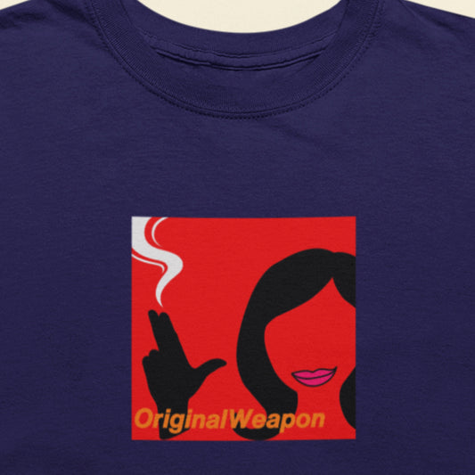 Navy t-shirt featuring the debut album cover for the pop group Original Weapon