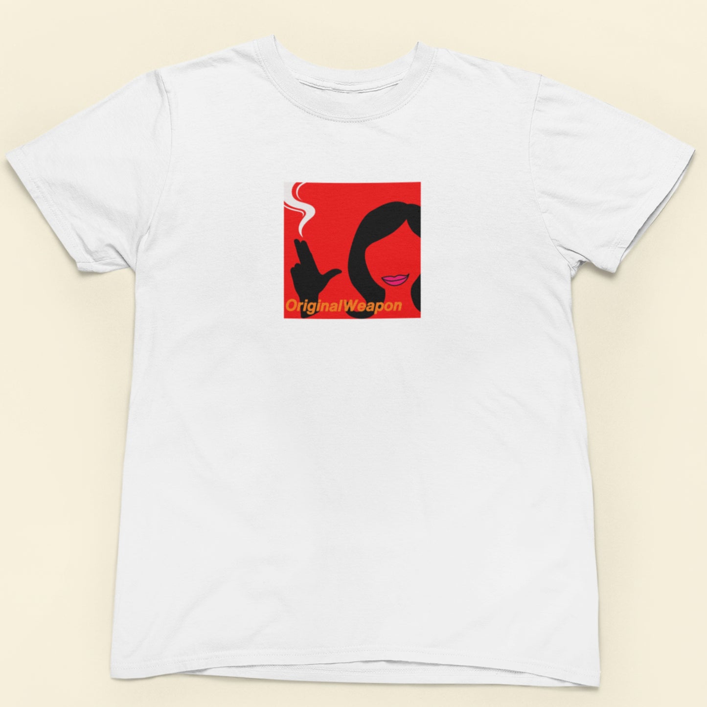 White t-shirt featuring the debut album cover for the pop group Original Weapon