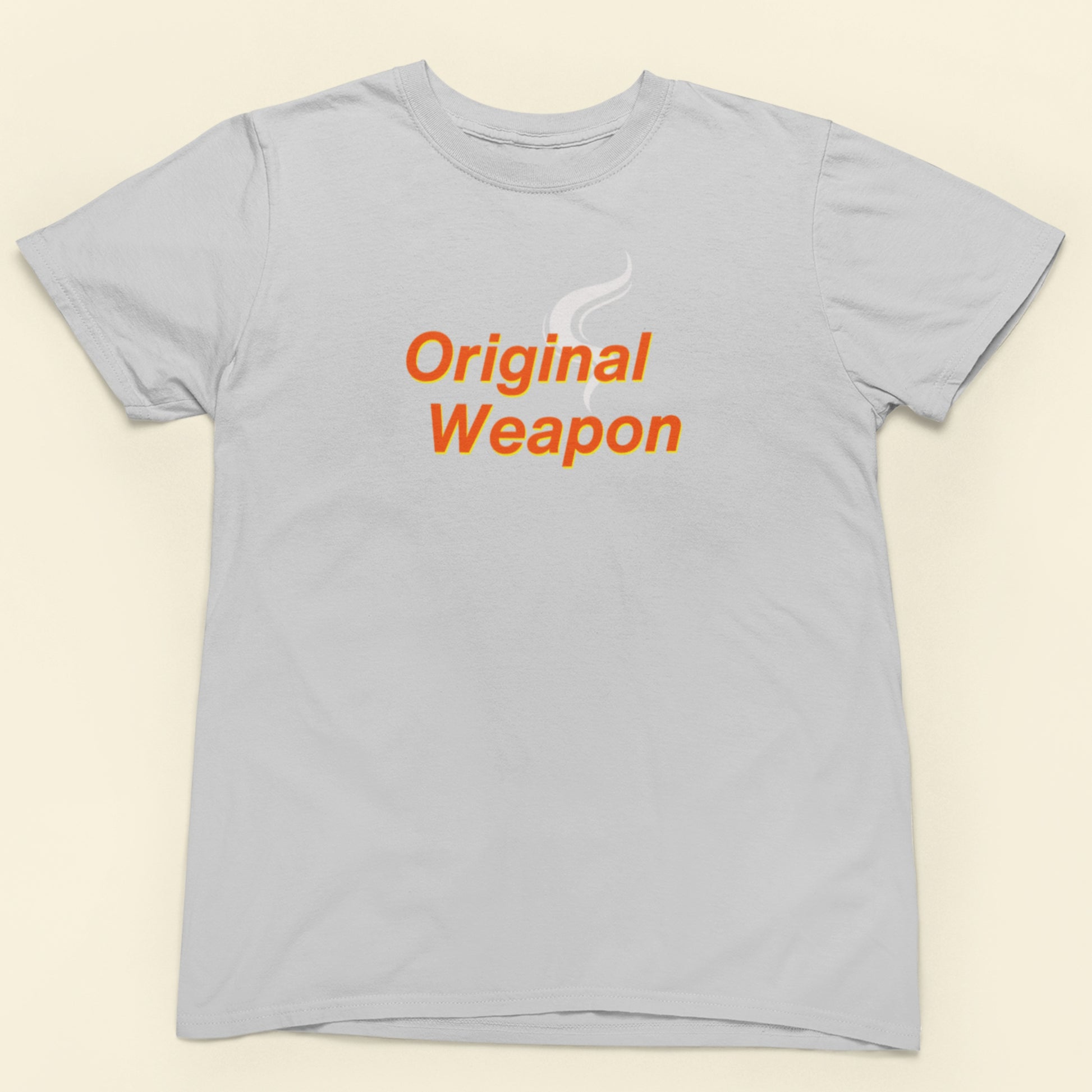 Gray t-shirt with 'Original Weapon' text in orange on a beige background.