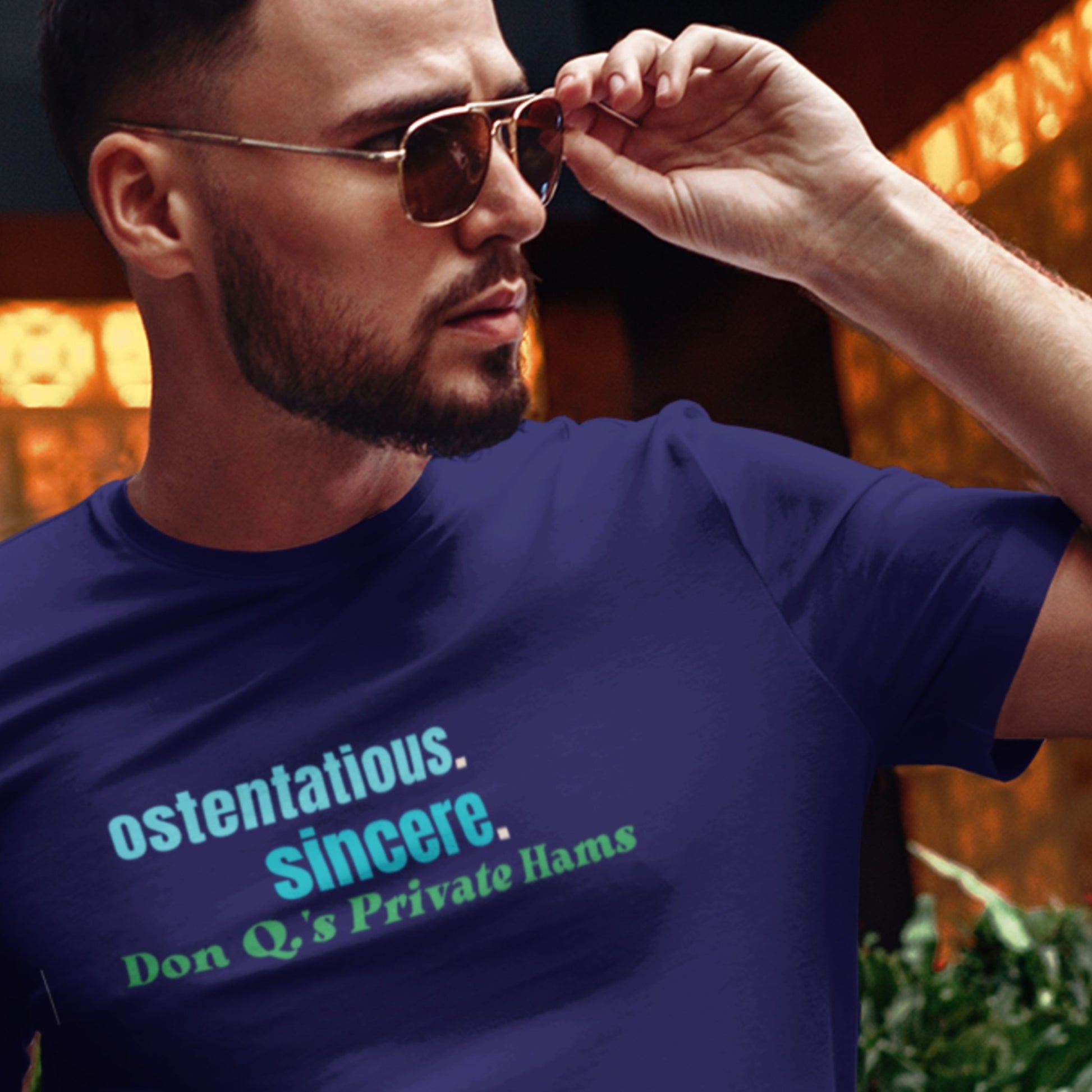 Cool man wearing sunglasses and a blue t-shirt with humorous text.