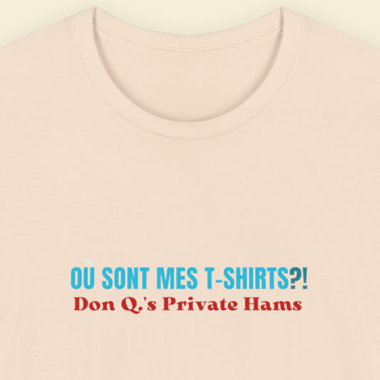 Beige t-shirt with humorous colorful text on a beige background.