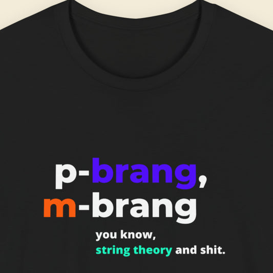 Black t-shirt with colorful text design on a beige background.