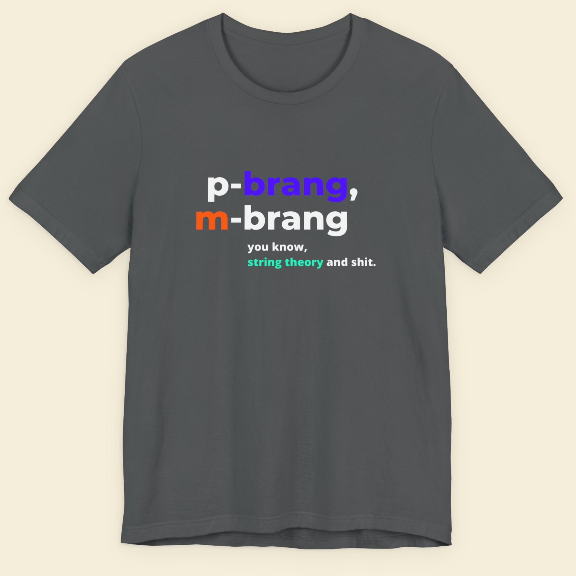Gray t-shirt with colorful text on a beige background.