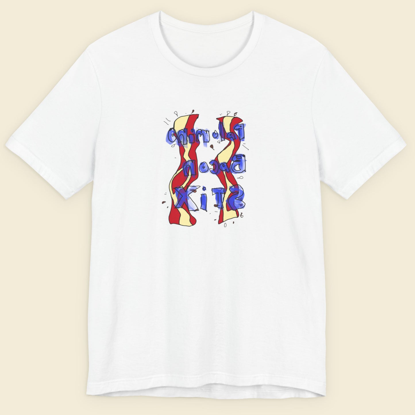 White t-shirt with a colorful abstract bacon drawing on a beige background.