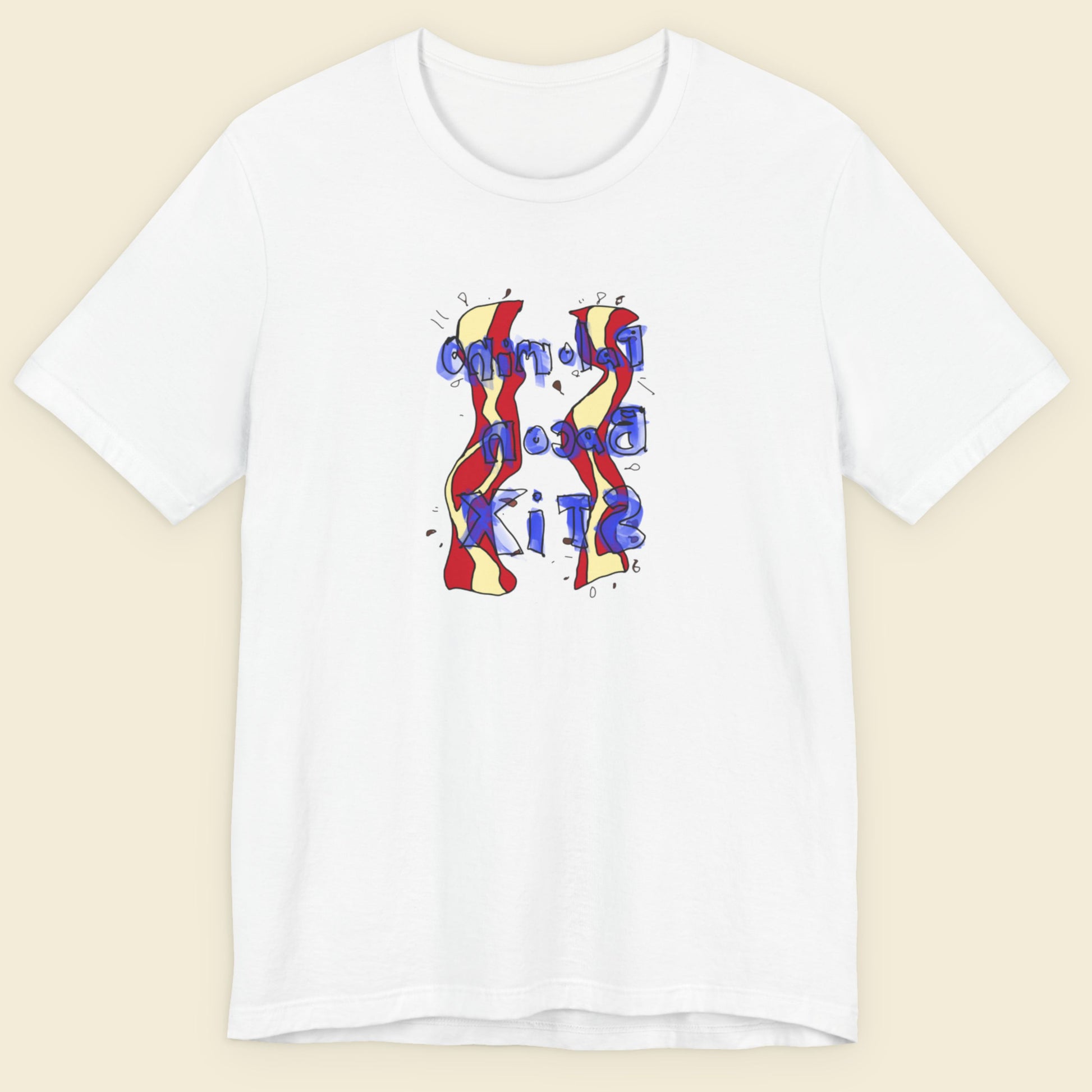 White t-shirt with a colorful abstract bacon drawing on a beige background.