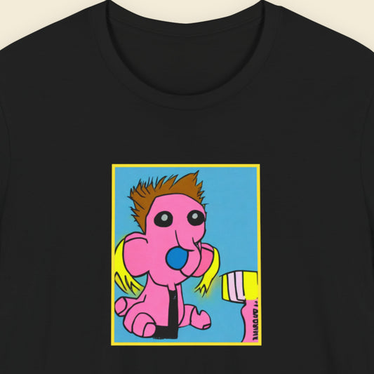 Black t-shirt with a fun, colorful cartoon illustration on a beige background.