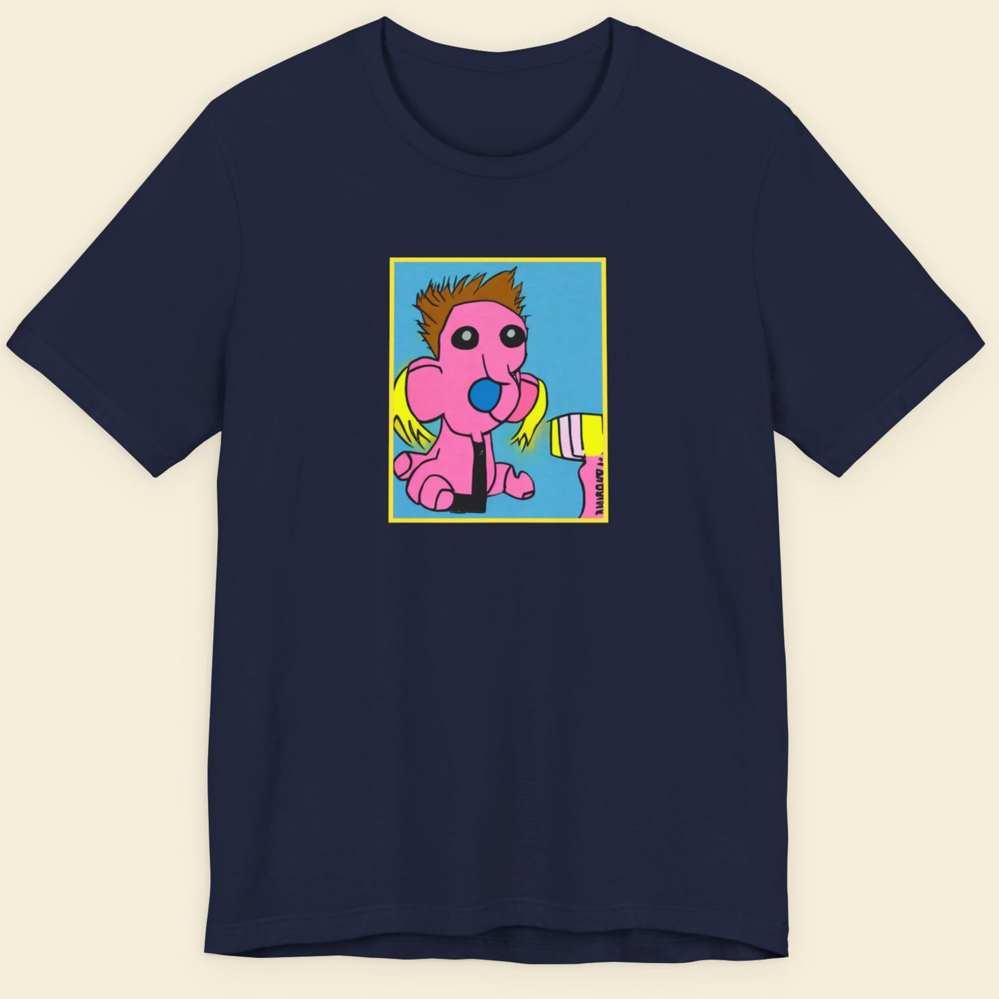 Navy blue t-shirt with a fun, colorful cartoon illustration on a beige background.