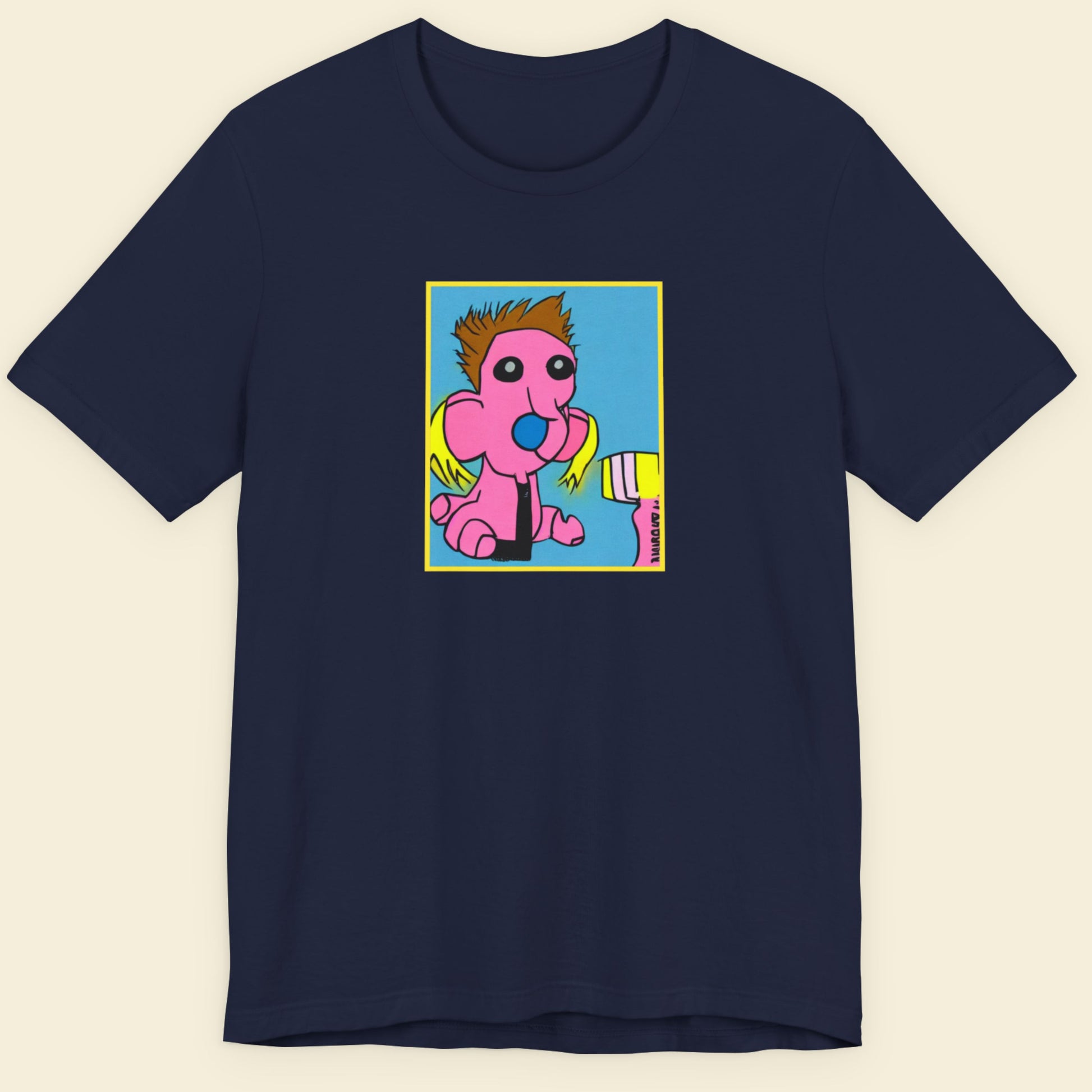 Navy blue t-shirt with a fun, colorful cartoon illustration on a beige background.