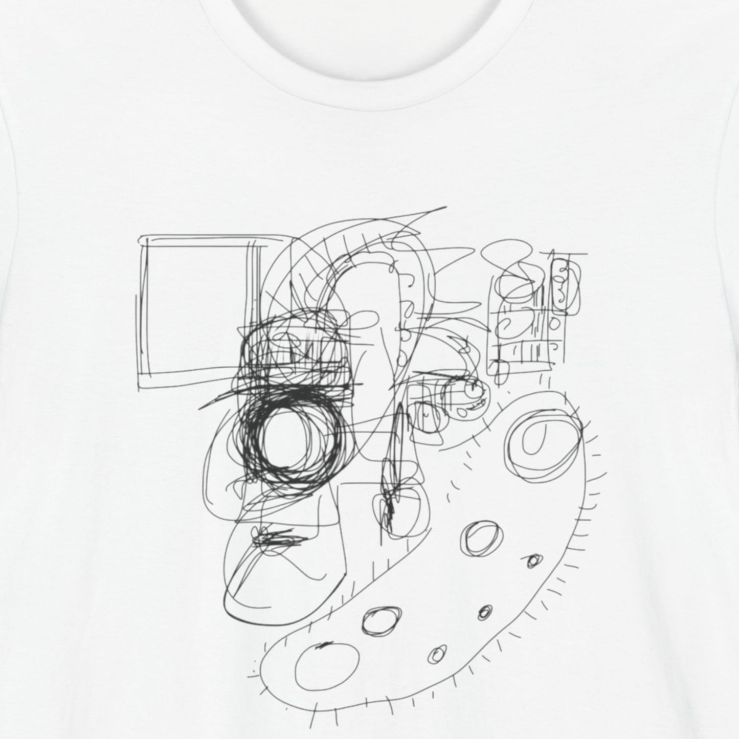 White t-shirt with an abstract line drawing.