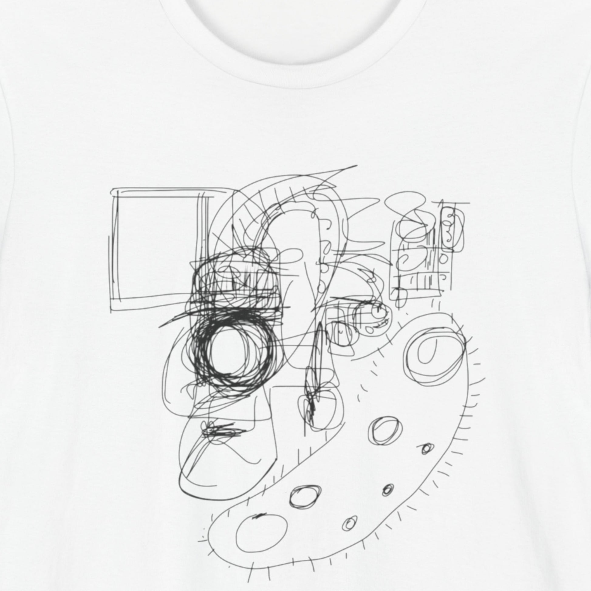 White t-shirt with an abstract line drawing.