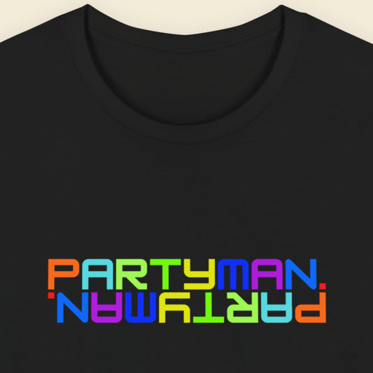 Black t-shirt with 'PARTYMAN' in colorful letters on a beige background.